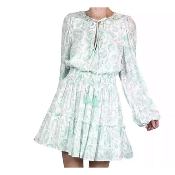 Dresses & Skirts - House of Harlow 1960 Paisley Long Sleeve Ruffle Smocked Mini Dress Mint Green S